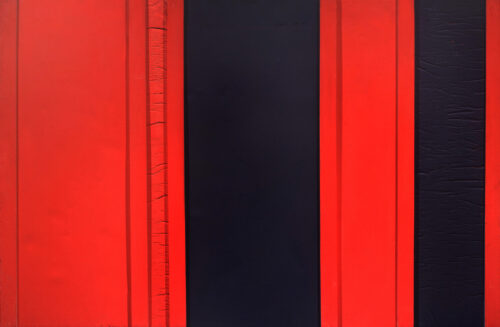 1961<br>Biasule, Rosso e nero n.32<br>smalto industriale e collage di carta e legno su tela<br>cm 100x150