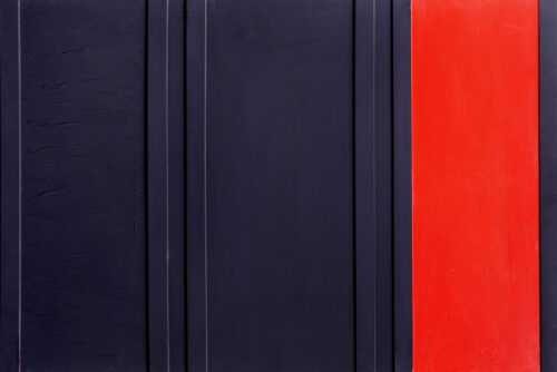 1961<br>Nero col rosso n.31<br>collage, legno e smalto industriale su tavola<br>cm 100x150
