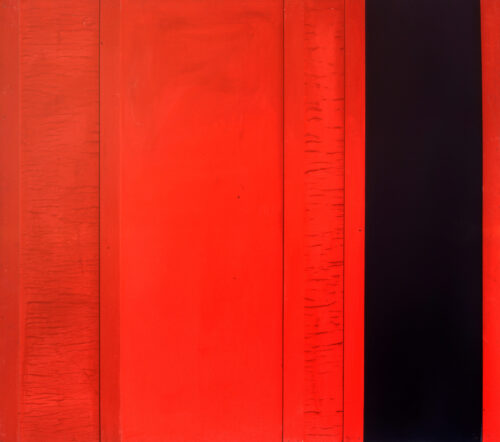 1961<br>Rosso e nero n.40<br>smalto industriale e collage di carta e legno su tela<br>cm 110x125