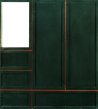 1962<br>Armadio con specchio<br>smalto industriale, tempera e collage di legno su tavola<br>cm 200x180