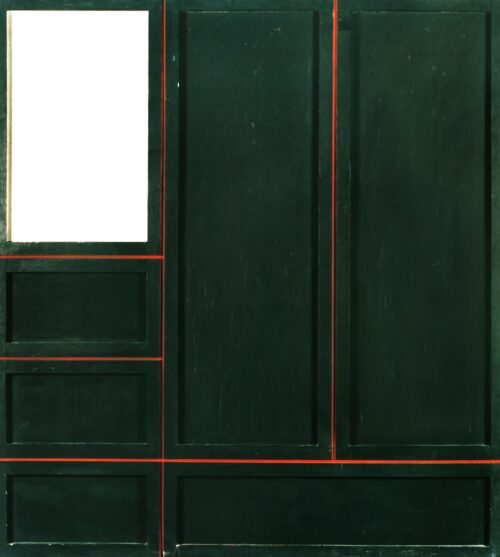 1962<br>Armadio con specchio<br>smalto industriale, tempera e collage di legno su tavola<br>cm 200x180