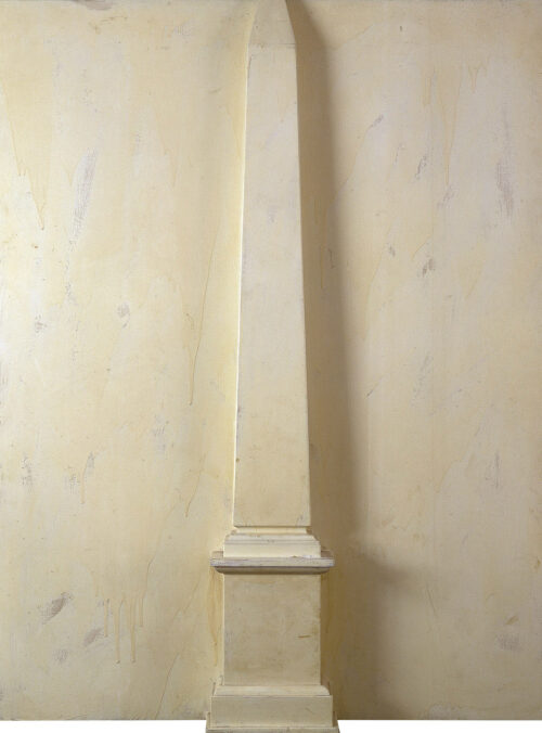 1963<br>'Obelisco'<br>smalto industriale e obelisco in legno su tavola<br>cm 115x90