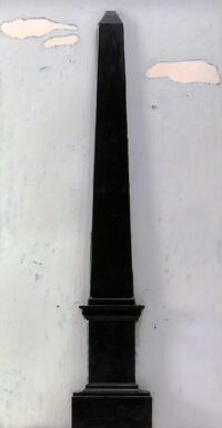 1963<br>'Obelisco'<br>smalto industriale e obelisco in legno su tavola<br>cm 175x90