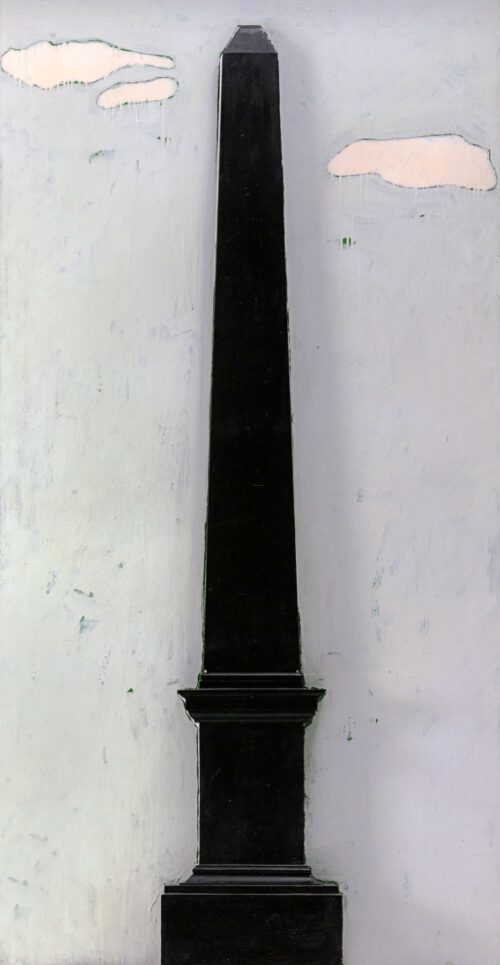 1963<br>'Obelisco'<br>smalto industriale e obelisco in legno su tavola<br>cm 175x90