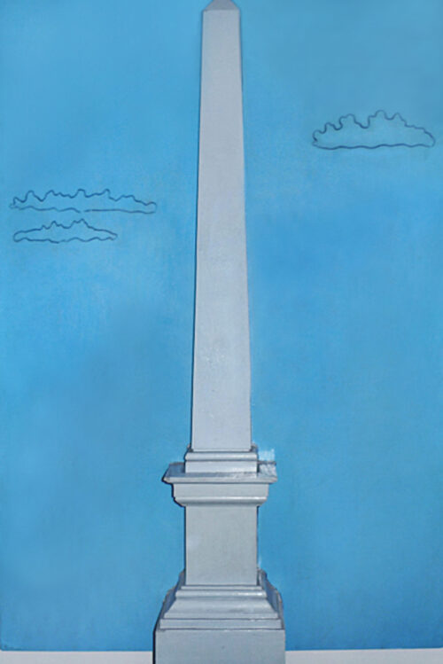1963<br>'Obelisco'<br>smalto industriale e obelisco in legno su tavola<br>cm 115x90