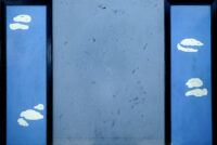 1963<br>Le porte del paradiso<br>smalto industriale e collage di legno su tavola<br>cm 140x210