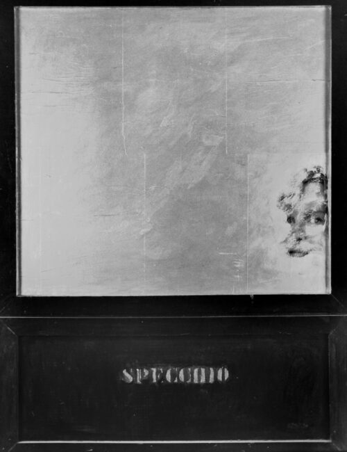 1963<br>'Specchio'<br>smalto industriale, vernice, collage fotografico e legno su tavola<br>cm 130x100