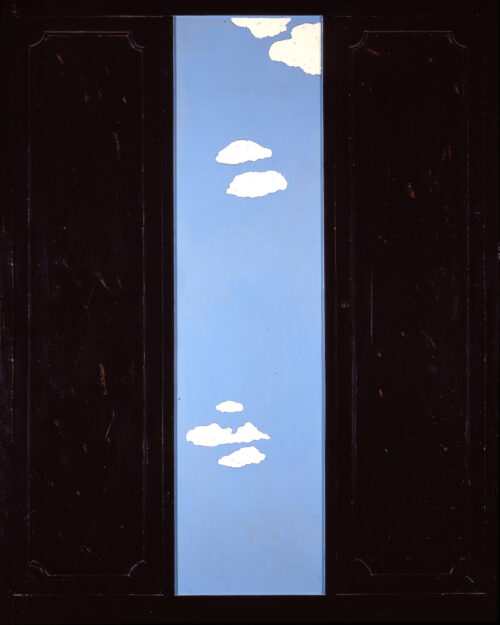 1964<br>' Armadio con cielo '<br>smalto industriale su ante di armadio ricostruite su tavola<br>cm 160x130