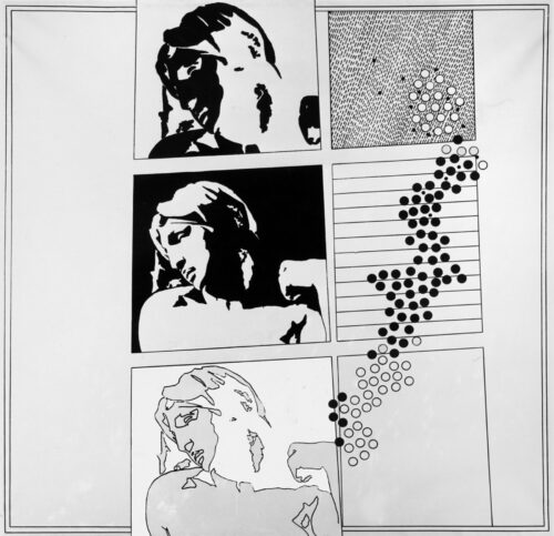 1965 novembre<br>Da Michelangelo particolare delle tombe Medicee<br>smalto industriale e pennarello su tela<br>cm 200x200