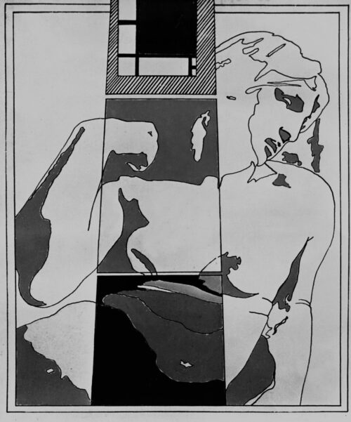 1966<br>Da Mondrian a Michelangelo<br>smalto industriale e pennarello su tela<br>cm 100x80