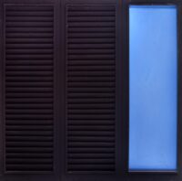 1966 ottobre<br>smalto industriale e ante di persiana su tavola<br>cm120x120