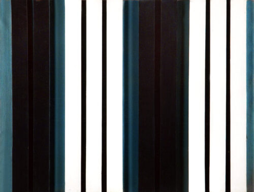 1969<br>Blue Monk, dedicato a Thelonius Monk<br>smalto industriale e collage di legno su tela<br>cm 50x70