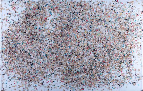 1980<br>Renan Ivan<br>tempera, coriandoli su tela, cellophane<br> cm 60x90