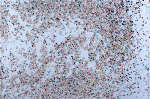 1980<br> Mauricio Il Pelao (Il Pelado)<br>tempera, coriandoli su tela, cellophane<br> cm 60x90