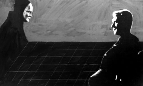 1980<br>Dal Settimo Sigillo di I. Bergman<br>tempera, matita, collage fotografico su tela<br>cm 55x90