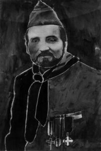 1980<br> Allo zio Dedo<br> tempera, matita, collage fotografico su tela<br>cm 77x53