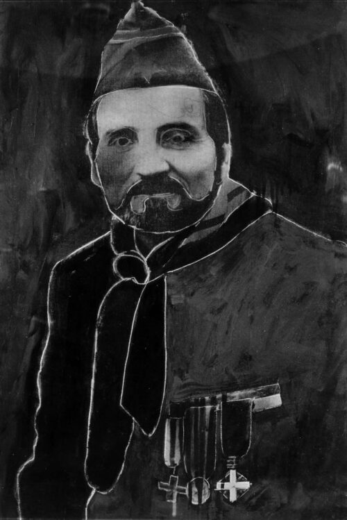 1980<br> Allo zio Dedo<br> tempera, matita, collage fotografico su tela<br>cm 77x53