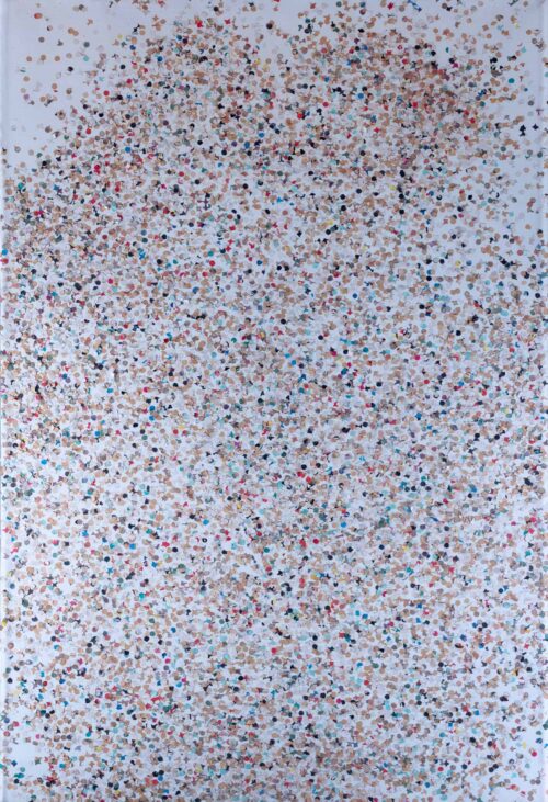 1980<br> Antonio Olo<br> tempera, coriandoli su tela, cellophane<br>cm 120x80