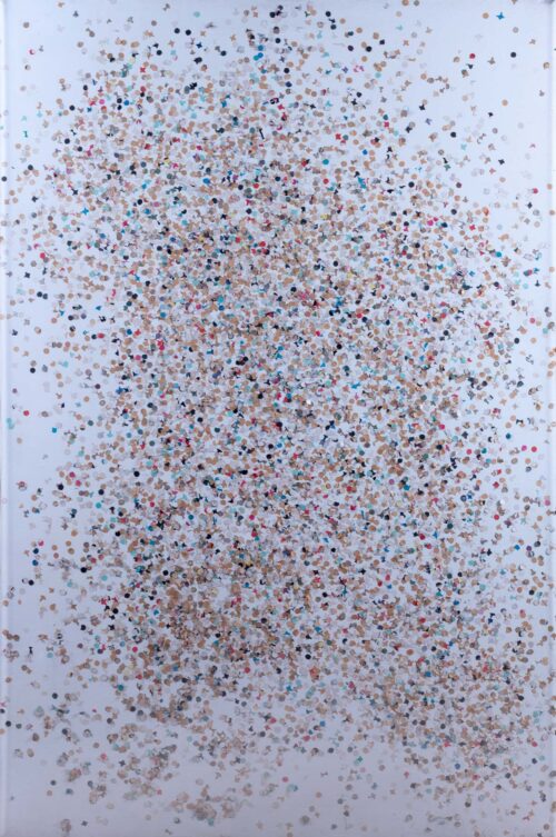 1980<br> Joaquin Vilo<br> tempera, coriandoli su tela, cellophane<br>cm 120x80