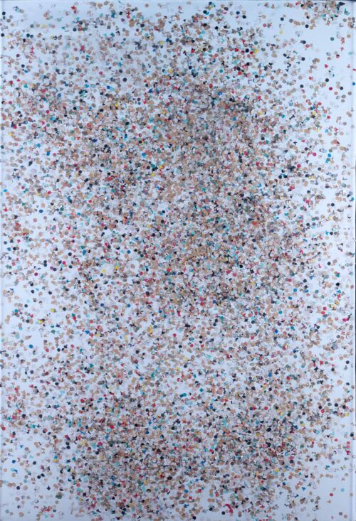 1980<br> Moro Morongo Muganga Il Medico<br> tempera, coriandoli su tela, cellophane<br>cm 120x80