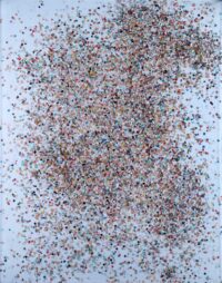 1980<br> Bigotes Il Lord, Jorge Mario Monge<br>tempera, coriandoli su tela, cellophane<br> cm 100x80