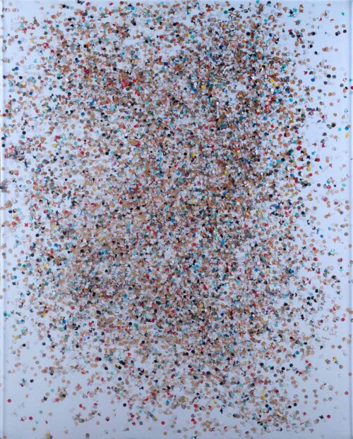 1980<br> Papi, Ricardo Chingo<br>tempera, coriandoli su tela, cellophane<br> cm 100x80