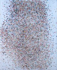 1980<br>Timmaini Tima<br> tempera, coriandoli su tela, cellophane<br>cm 100x80