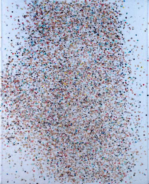 1980<br>Timmaini Tima<br> tempera, coriandoli su tela, cellophane<br>cm 100x80