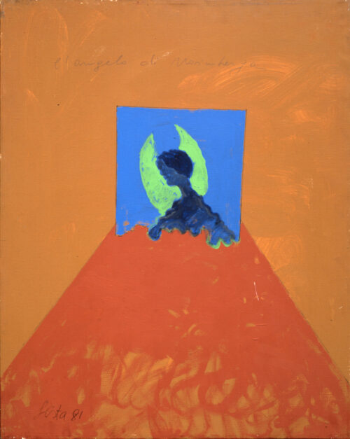 1981<br> L'angelo di Norimberga<br> pittura industriale, tempera, pennarello su tela<br> cm 100x80