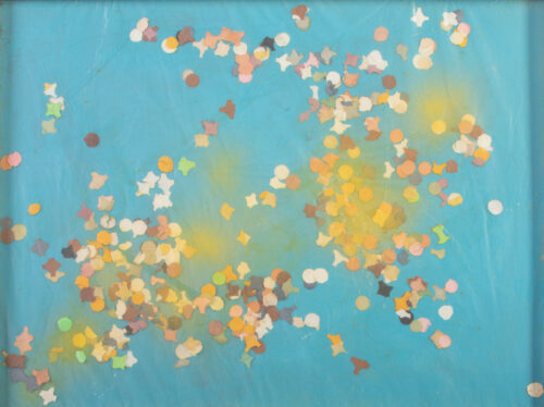 1981<br> tempera, coriandoli su tela, cellophane<br>cm 30x40