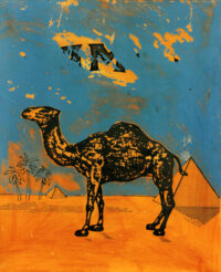 1981 <br>Dai miraggi<br> Il deserto e l'oasi<br>pittura industriale, tempera, fotografia emulsionata su tela<br>cm 65x55