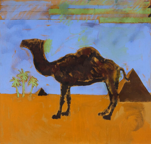 1982<br> Il Deserto e l'Oasi<br>pittura industriale, tempera, pennarello su tela<br>cm 130x160