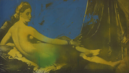 1982<br> Da Ingres, La grande Odalisca<br> tempera, smalto alla anilina, fotografia emulsionata su tela<br> cm 40x70