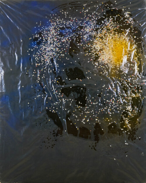 1982<br>Toro<br>pittura industriale, colore a spruzzo, coriandoli su tela, cellophane <br>cm 160x130