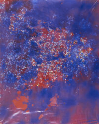 1982<br>Emisfero Occidentale<br>pittura industriale, tempera, coriandoli su tela, cellophane <br>cm 100x80