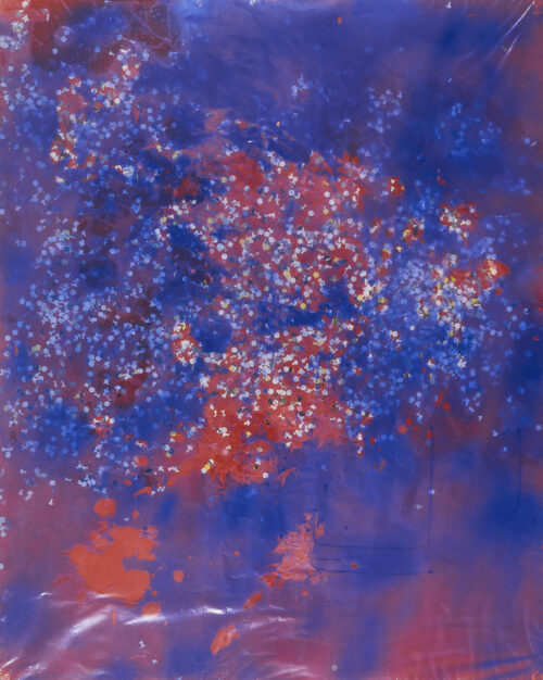 1982<br>Emisfero Occidentale<br>pittura industriale, tempera, coriandoli su tela, cellophane <br>cm 100x80