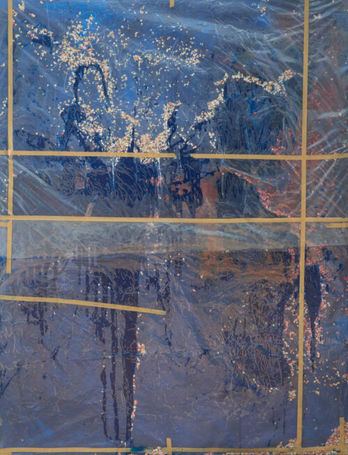 1982 1 settembre<br> For the queen Elisabeth<br>pittura industriale, coriandoli su tela, cellophane<br> cm 200x150