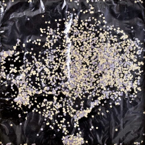 1982<br>pittura industriale, coriandoli su tela, cellophane<br>cm 60x60