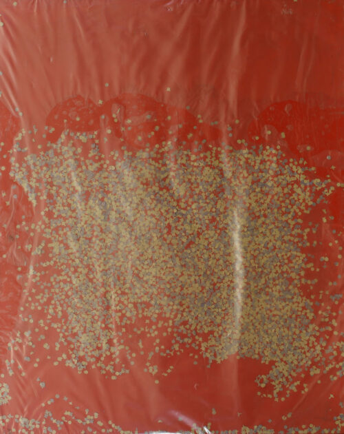 1982<br>pittura industriale, coriandoli su tela, cellophane<br> cm 80x100