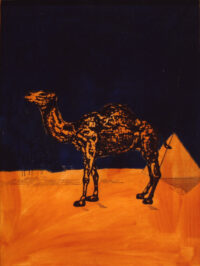 1982<br>Il deserto e l'oasi<br>pittura industriale, tempera, fotografia emulsionata su tela<br> cm 100x75