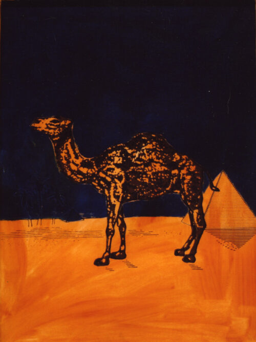 1982<br>Il deserto e l'oasi<br>pittura industriale, tempera, fotografia emulsionata su tela<br> cm 100x75