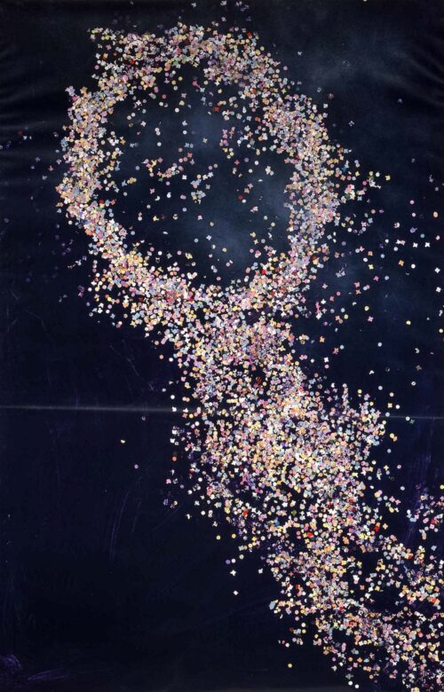 1982 22, 12<br>pittura industriale, coriandoli su tela, cellophane<br>cm 120x90