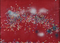 1982<br> pittura industriale, colore a spruzzo, coriandoli su tela, cellophane<br> cm 50x70