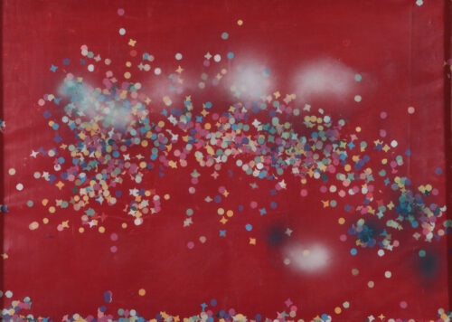 1982<br> pittura industriale, colore a spruzzo, coriandoli su tela, cellophane<br> cm 50x70