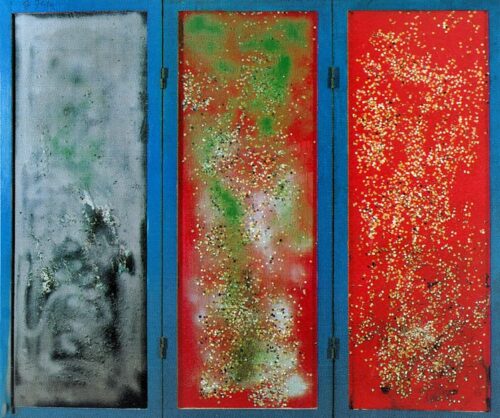 1982<br>pittura industriale, coriandoli, paravento di legno<br> cm 150x175x4