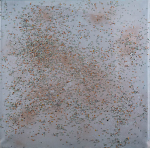 1983<br>pittura industriale, coriandoli su tela, cellophane<br>cm 100x100