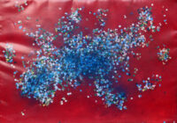 1983<br> pittura industriale, colore a spruzzo, coriandoli su tela, cellophane<br> cm 50x70