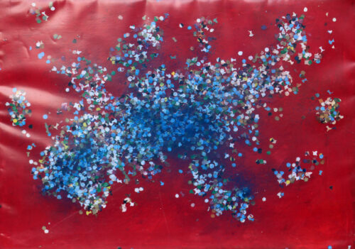 1983<br> pittura industriale, colore a spruzzo, coriandoli su tela, cellophane<br> cm 50x70