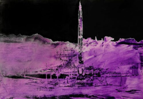 1984<br>pittura industriale, smalto alla anilina, fotografia emulsionata su tela<br> cm 80x115