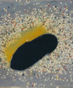 1984<br>tempera, impronta di piede, cera, coriandoli su tela e cellophane<br> cm 60x70